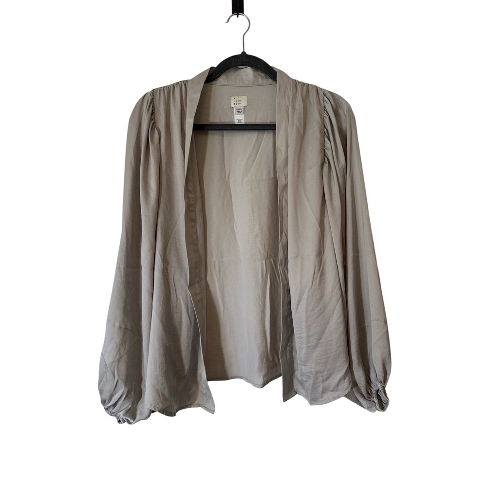 A New Day Puff Sleeve Open Taupe Gray Cardigan OSFM‎ Party, Metallic, Neutral